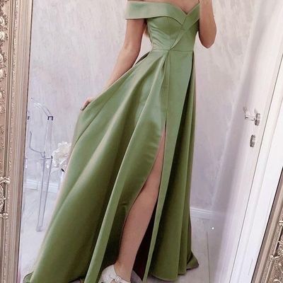 Sage green satin prom dresses off the shoulder evening party dresses - Thumbnail 1