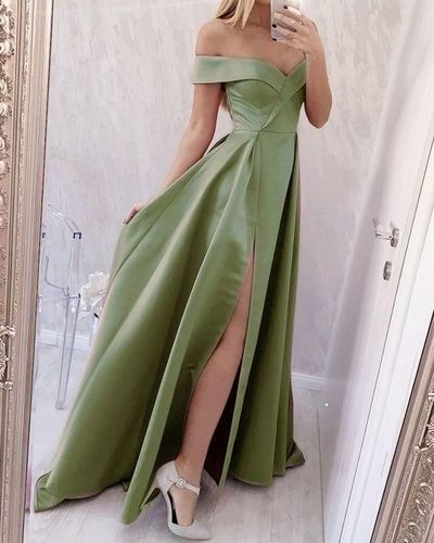 Sage Green Satin Prom Dresses Off the Shoulder Evening Party Dresses
