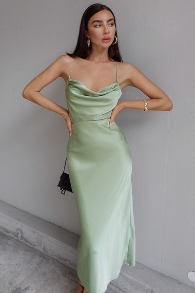 Chic Sheath Cowl Neck Sage Green Satin Prom Evening Dresses Ankel Lenghth Wedding Guest Party Dresses