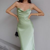 Chic Sheath Cowl Neck Sage Green Satin Prom Evening Dresses Ankel Lenghth Wedding Guest Party Dresses - Thumbnail 1