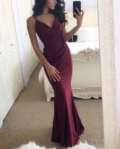 Wine Prom Dresses Spaghetti Straps Slit