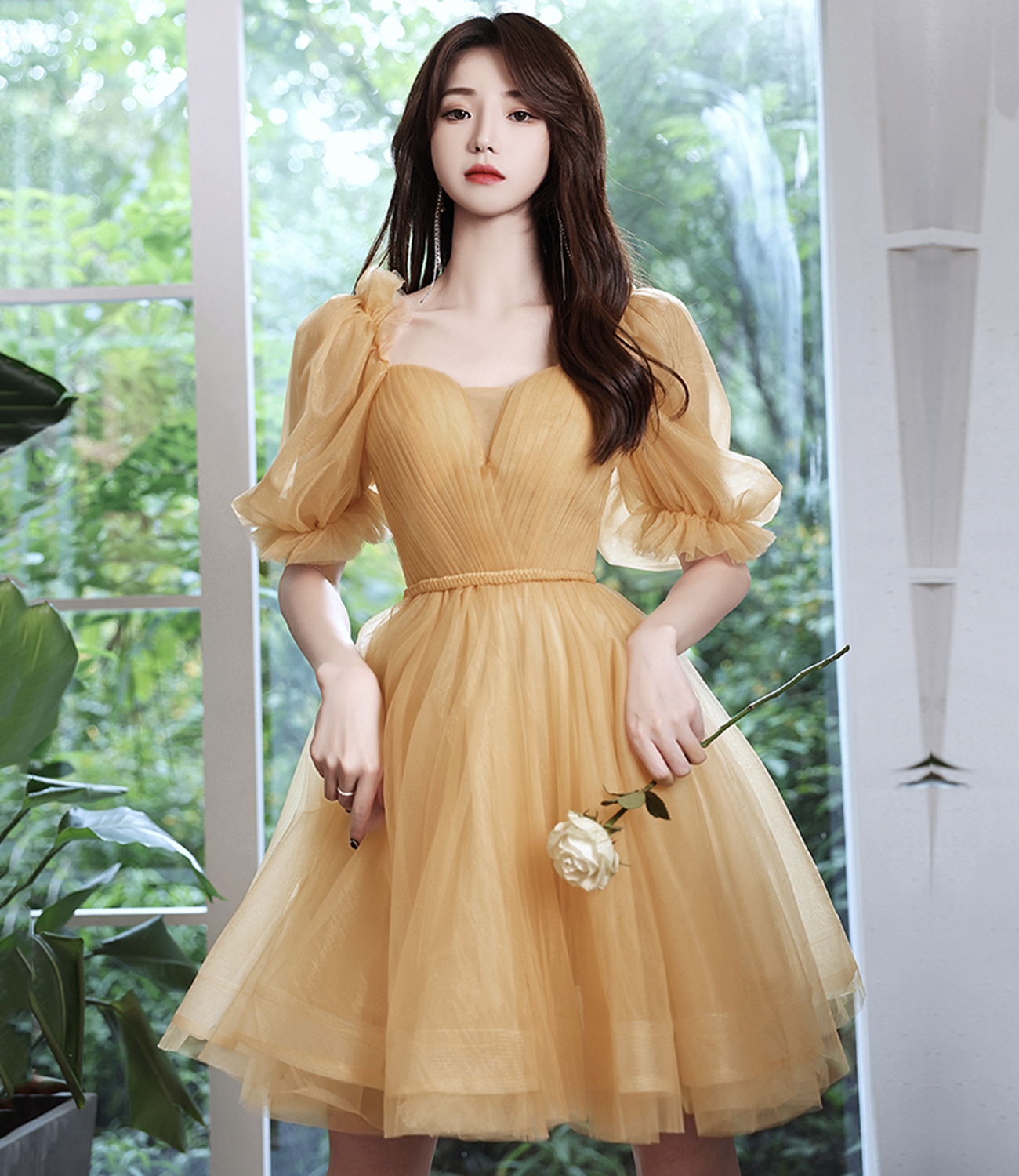 Cute tulle short prom dress yellow evening dress
