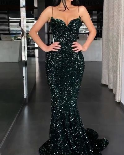 Stunning Mermaid Dark Green Velvet Sequins Prom Dresses, Evening Party Dresses