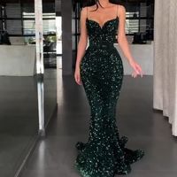 Stunning Mermaid Dark Green Velvet Sequins Prom Dresses, Evening Party Dresses - Thumbnail 1