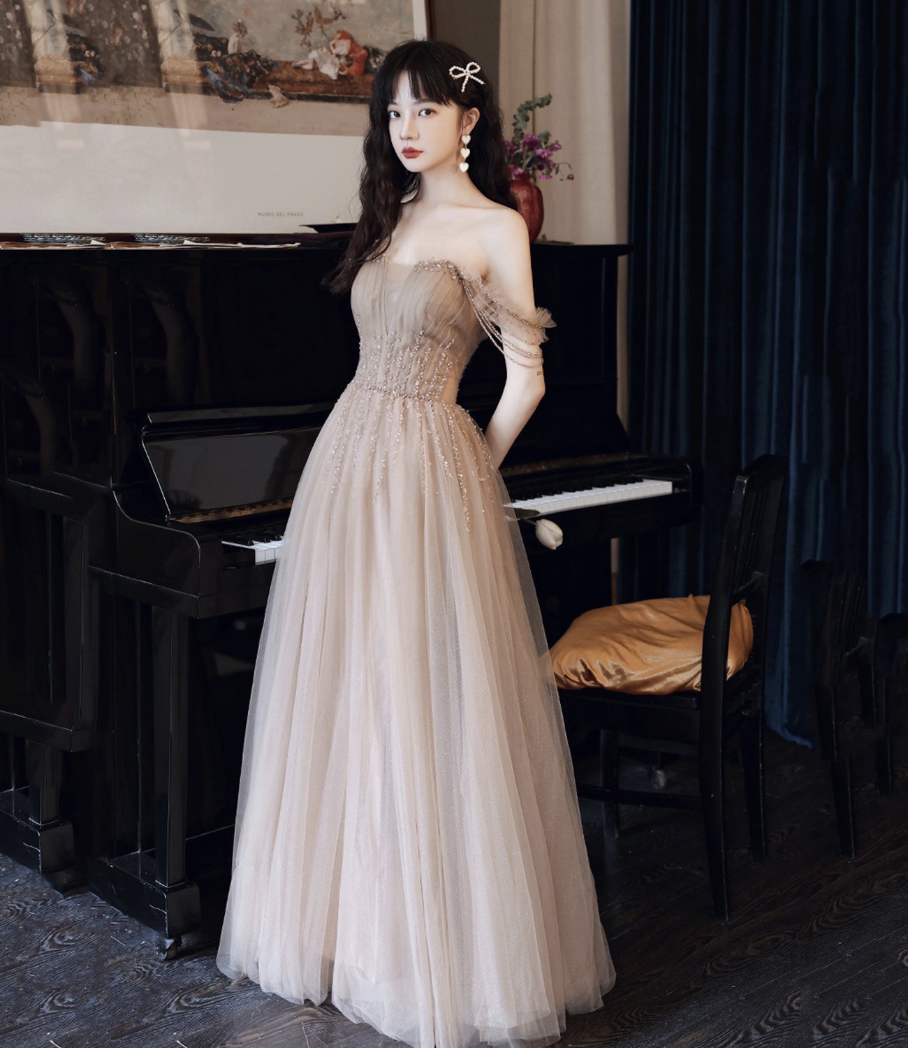 Stylish tulle beads long prom dress evening dress