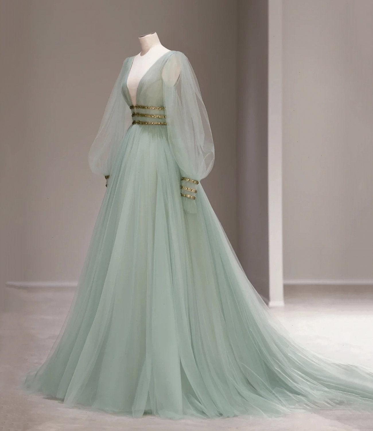 Green tulle beads long prom dress A line evening dress