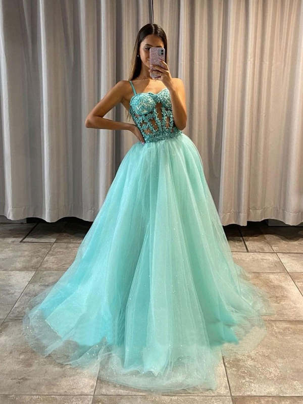 Green tulle lace long prom dress A line evening dress