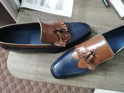 Men's Handmade Two Tone Tassels Loafer Shoes, Leather Fringe Brogue Style Shoes