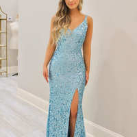 Elegant Mermaid V Neck Blue Sequins Long Prom Evening Dresses with Slit - Thumbnail 2