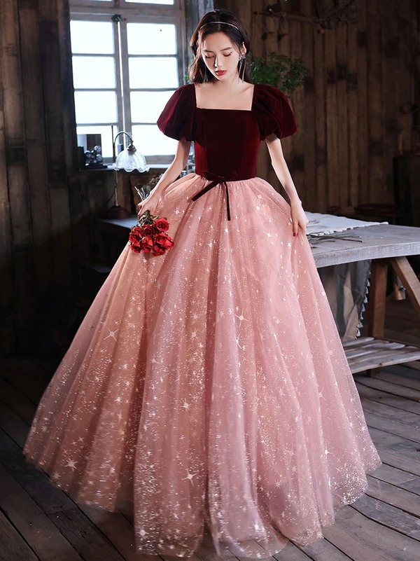 Pink A line tulle long prom dress, pink tulle long evening dress,BD202162