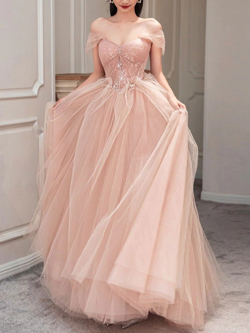 Pink tulle lace long prom dress, pink tulle evening dress,BD202164
