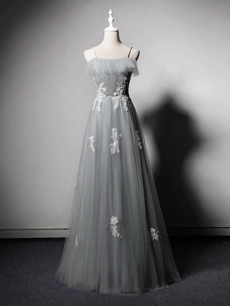 Simple gray tulle lace long prom dress, gray tulle formal dress,BD202168