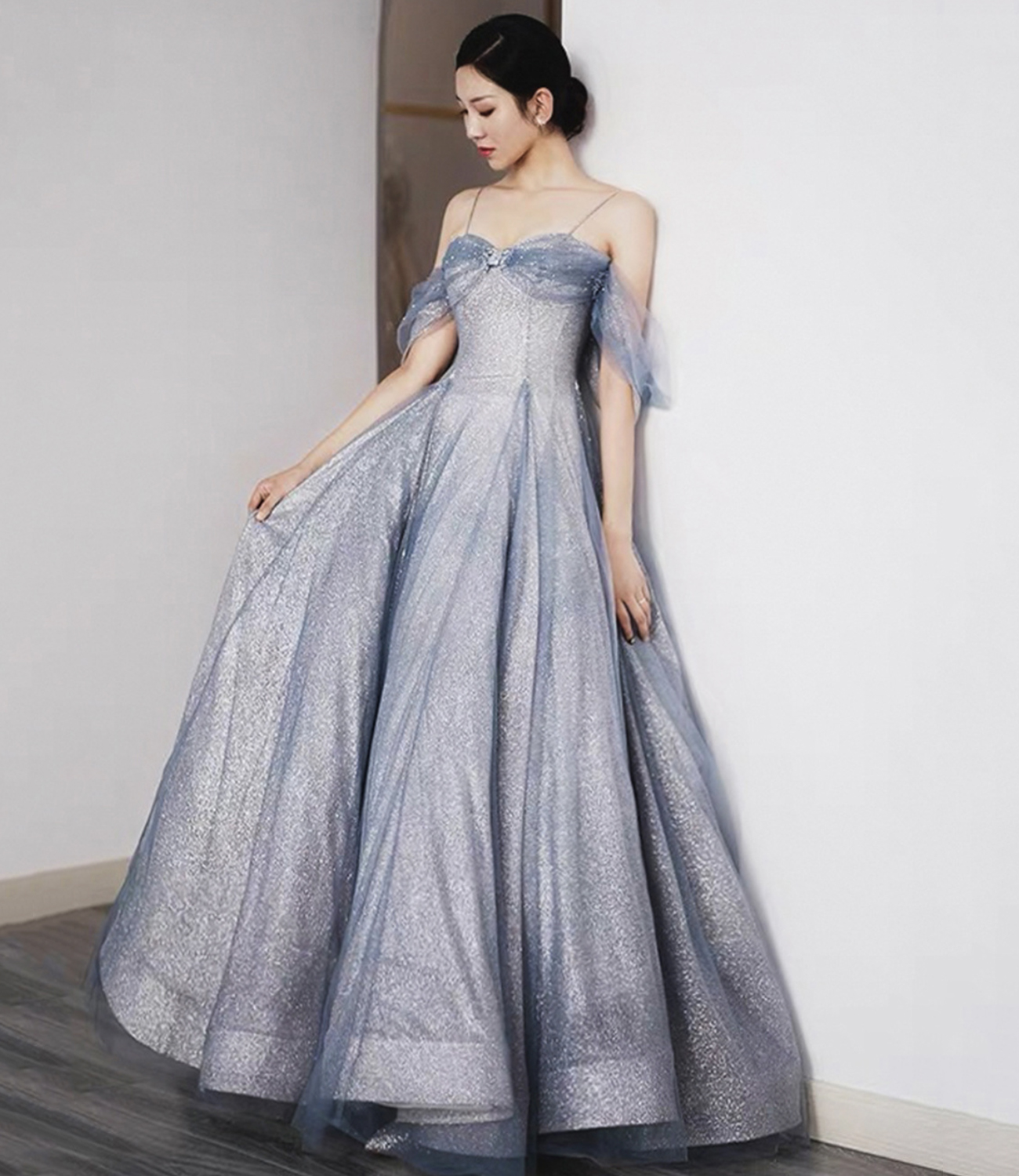 Blue tulle sequins long prom dress blue evening dress