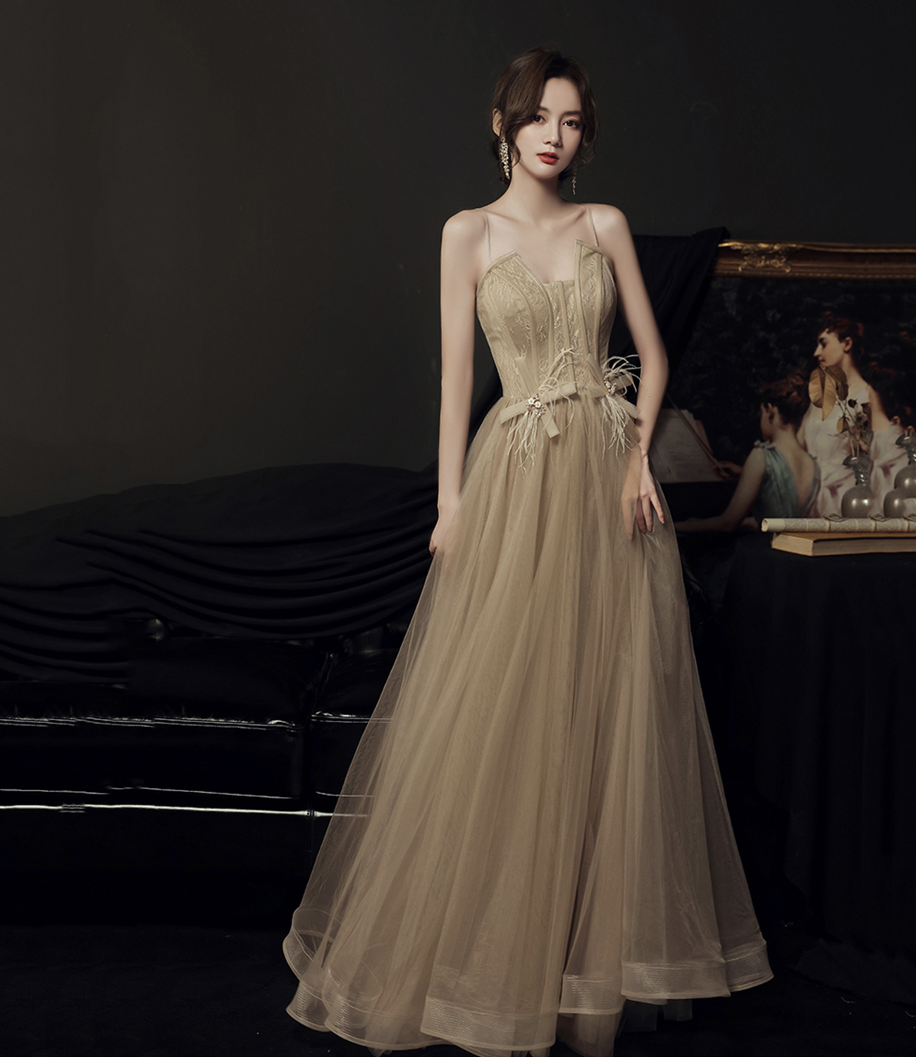 Cute tulle long A line prom dress evening dress