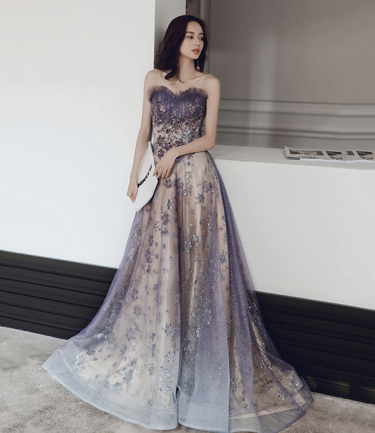 Purple tulle sequins long prom dress A line evening dress