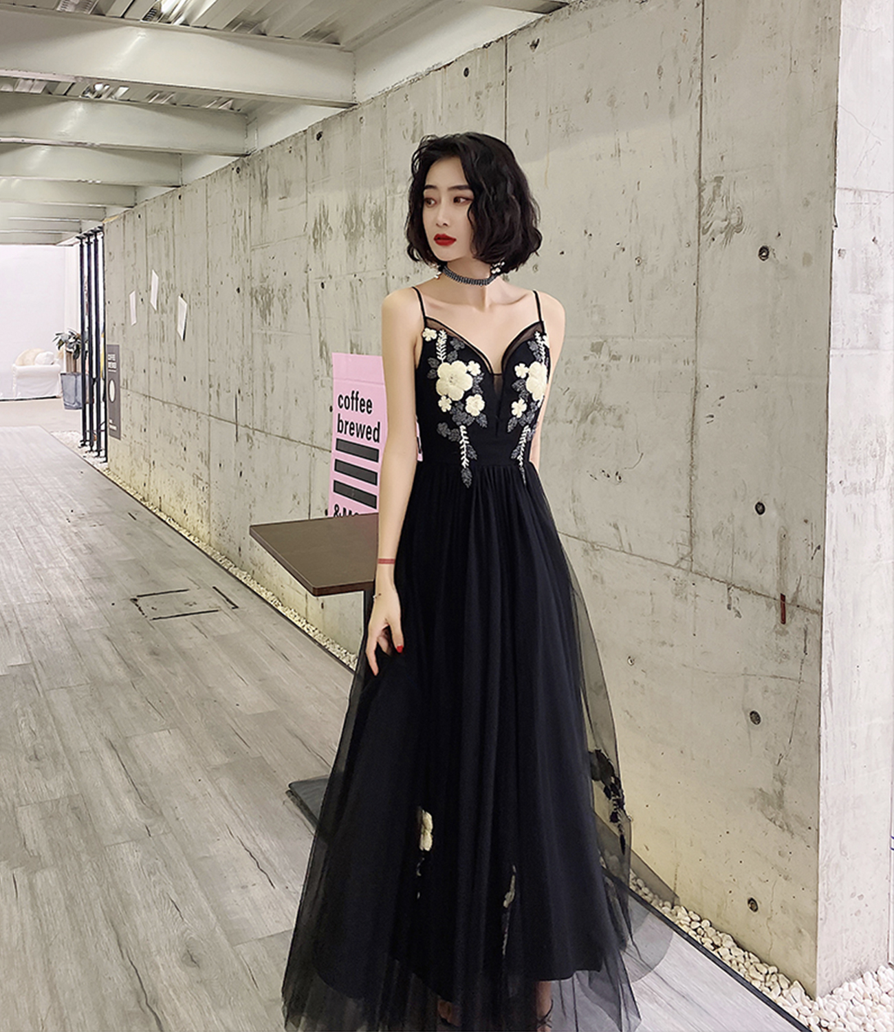 Black v neck tulle tea length prom dress evening dress