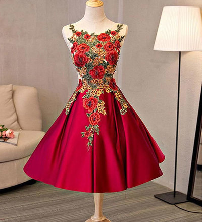 Cute A line lace satin short prom dress, homecoming dress,813