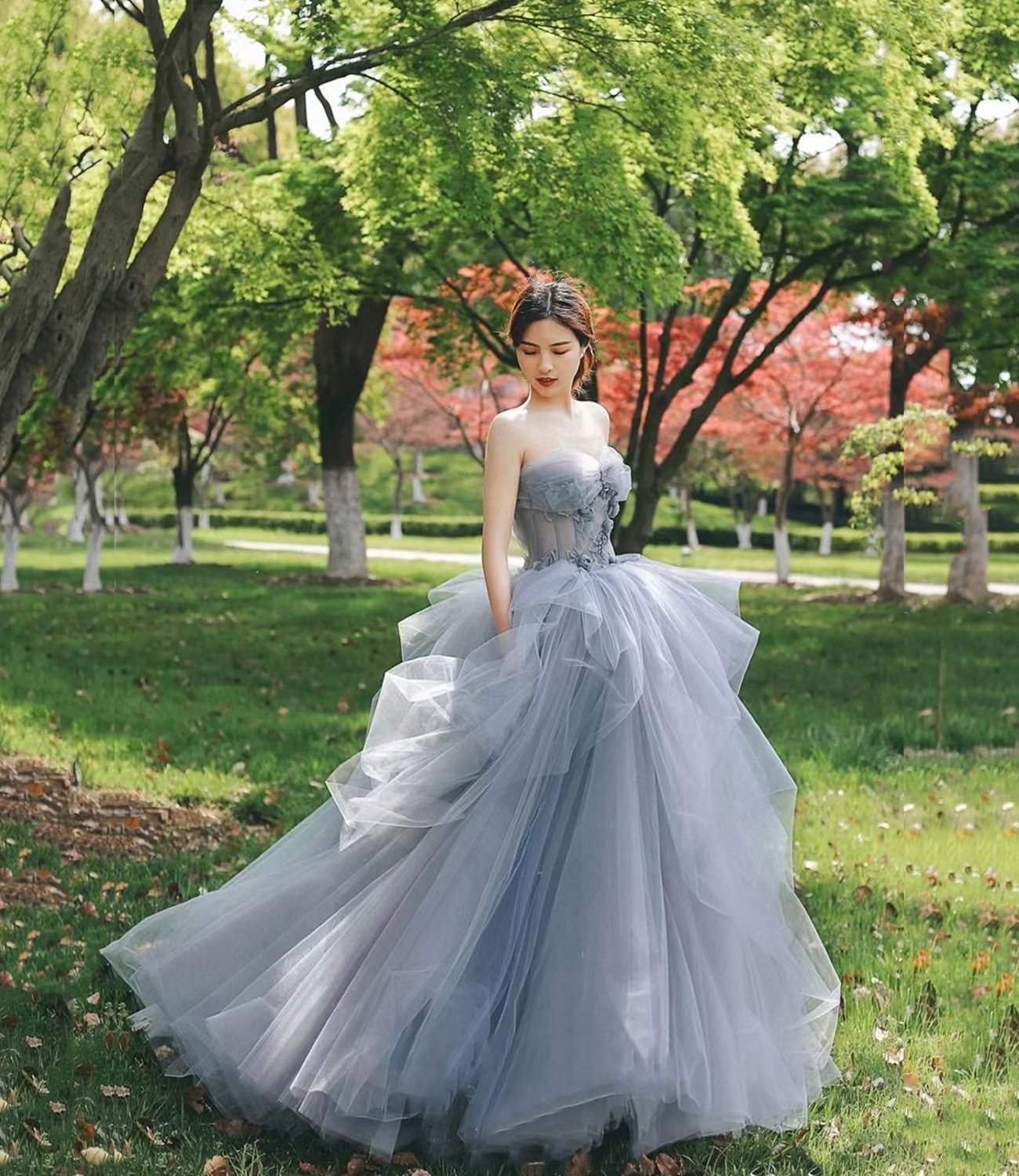 Gray tulle long prom dress A line evening dress