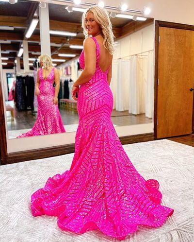 Stunning Mermaid V Neck Hot Pink Sequins Prom Dresses,822