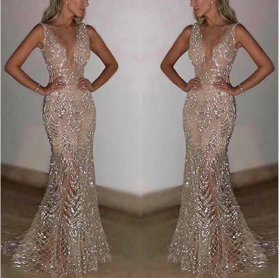 Women Sexy Sleeveless Deep V Sequined Sparkle Shinning Evening Dress, Champagne Mermaid Prom Dresses,825