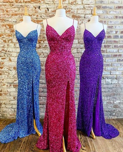 Gorgeous Mermaid V Neck Sequin Long Prom Evening Dresses with Side Slit