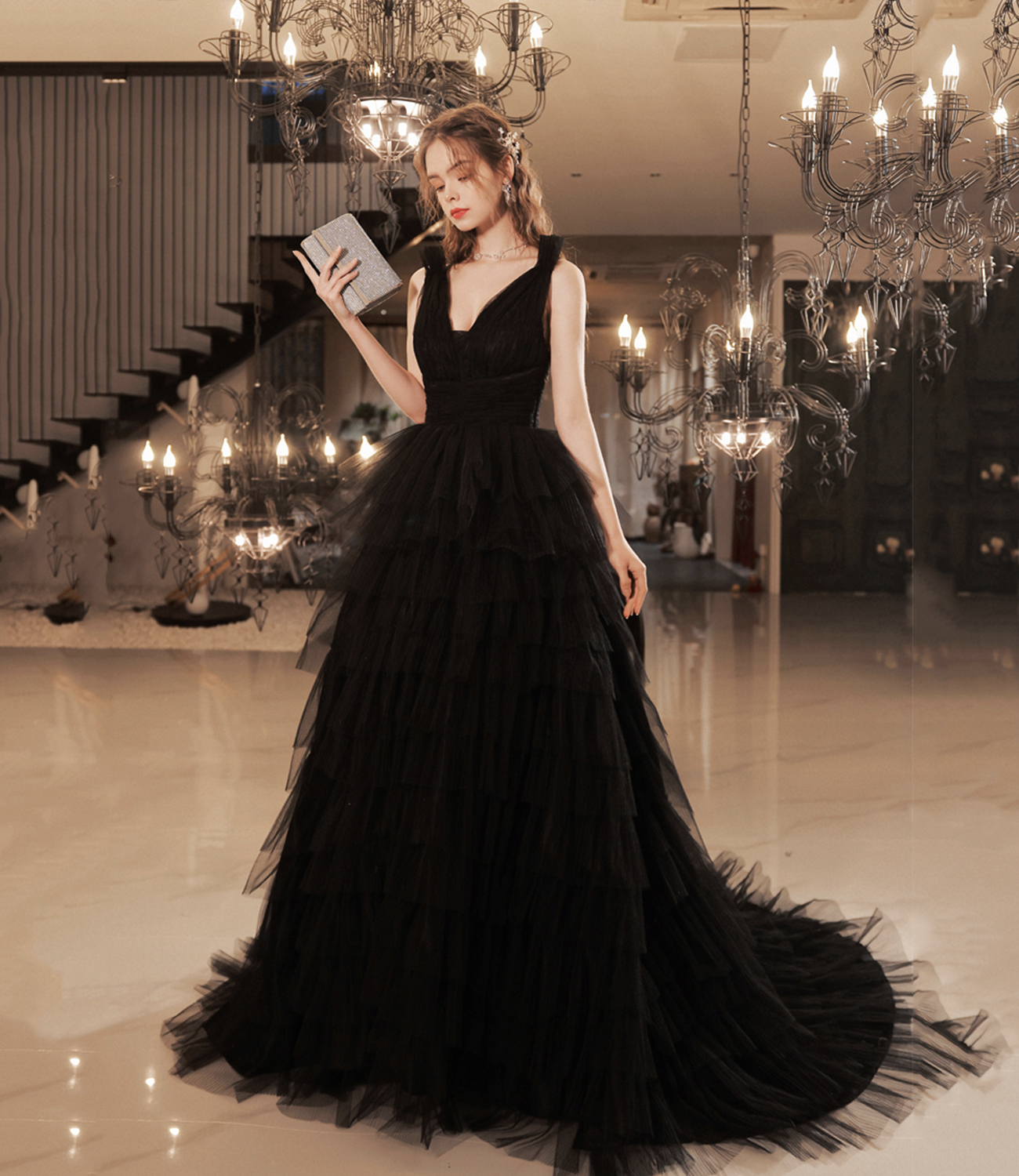Black tulle long ball gown dress black formal dress