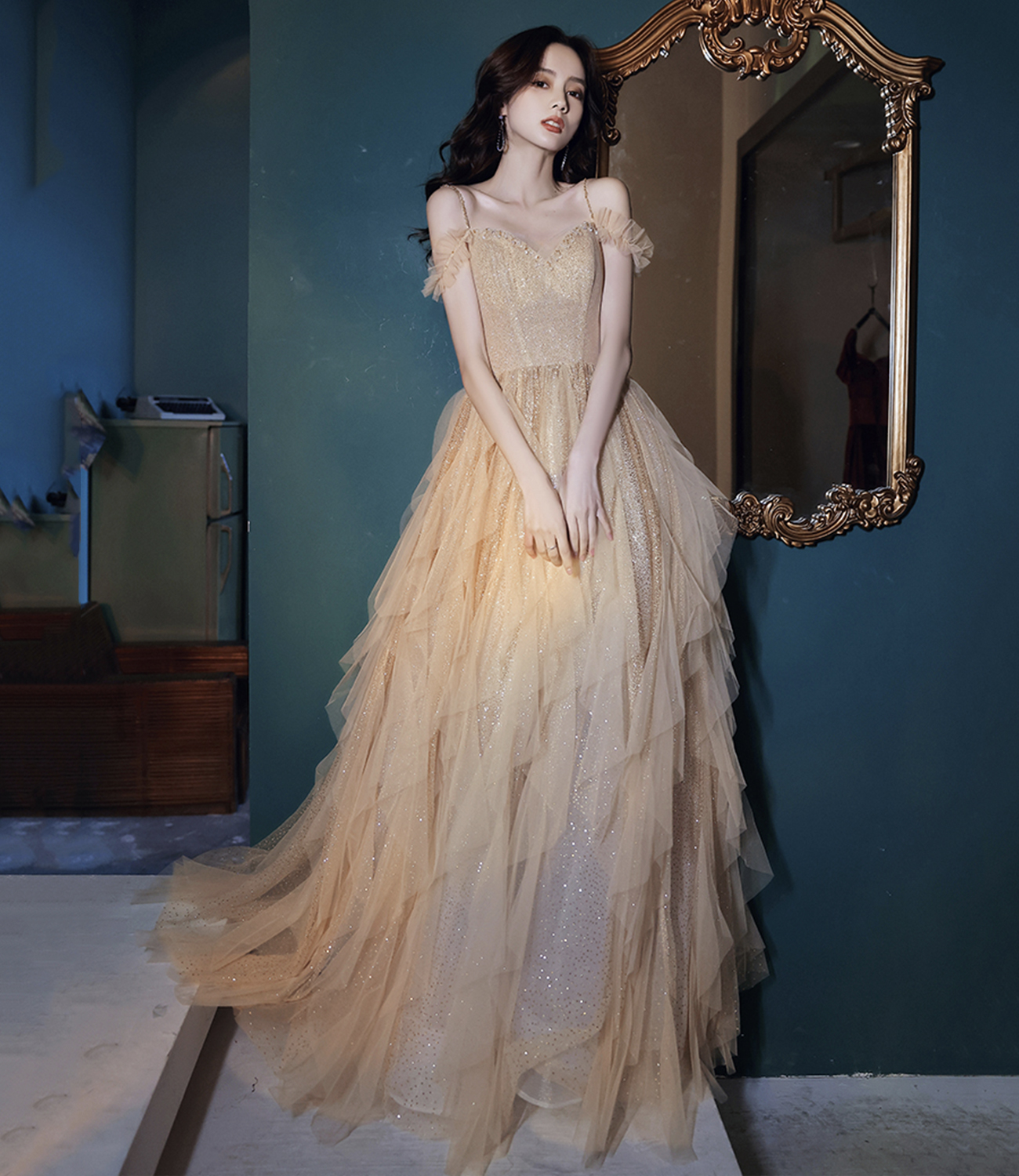 Cute tulle sequins long prom dress A line evening dress