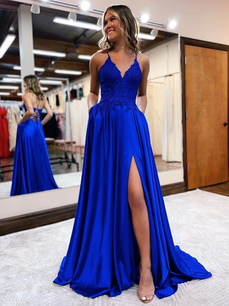 Blue satin v neck lace long prom dress, blue evening dress,BD202181