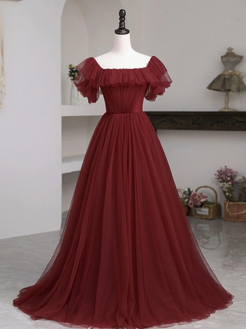 Simple A line burgundy tulle long prom dress, burgundy tulle formal dress,BD2021823