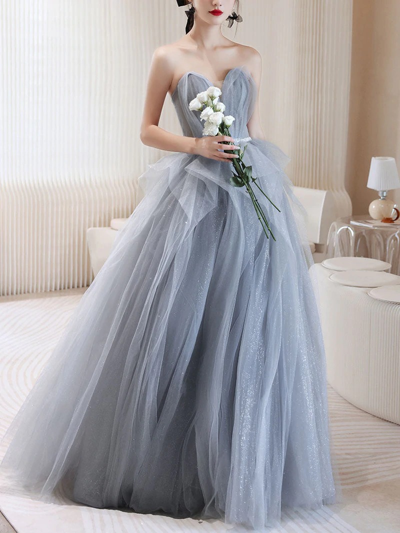 Gray tulle off shoulder long prom dress, gray tulle formal dress,BD202189