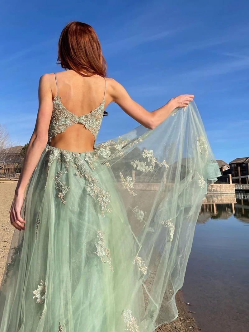 Green tulle lace long prom dress, green tulle lace formal dress,BD202190