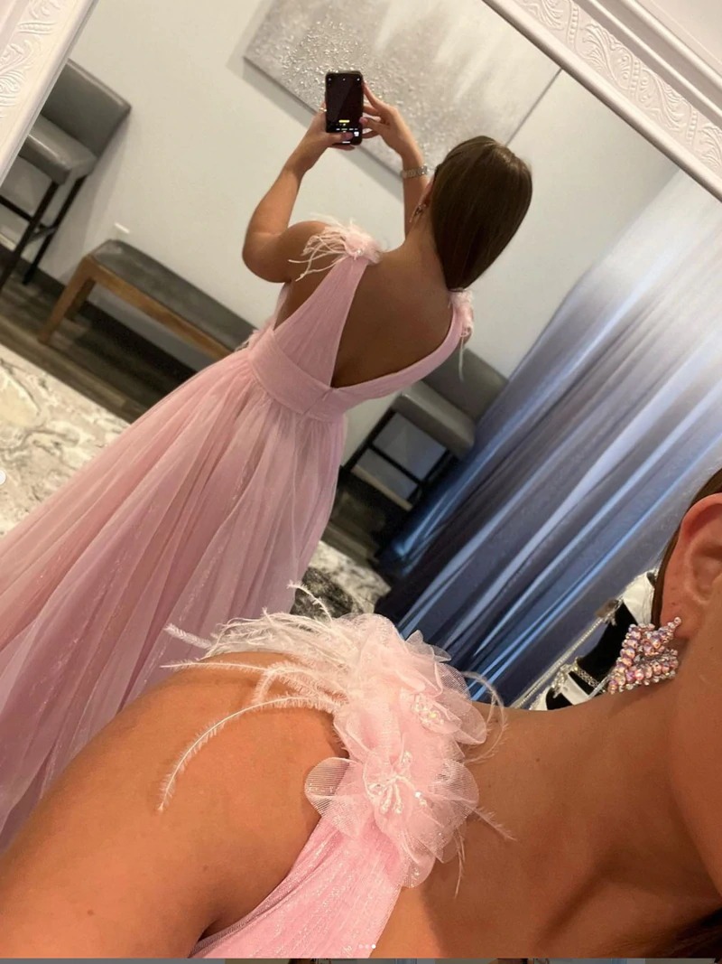 Pink v neck tulle long prom dress, pink tulle evening dress,BD202198