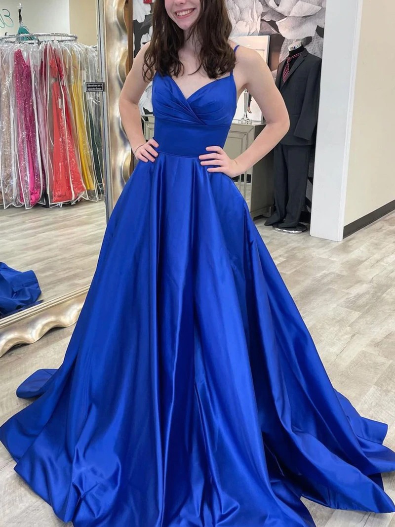 Simple blue v neck satin long prom dress, blue formal dress,BD202208