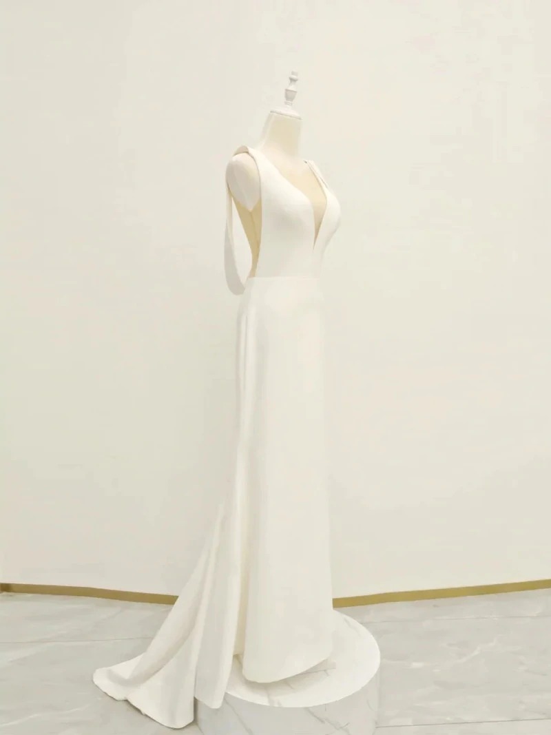 White satin long prom dress, white evening dress,BD202210