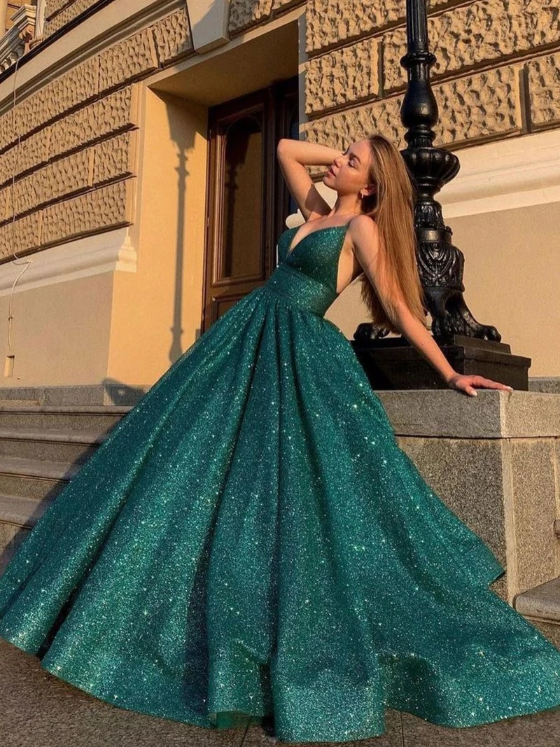 Green v neck sequin long prom dress, green formal dress,BD202219