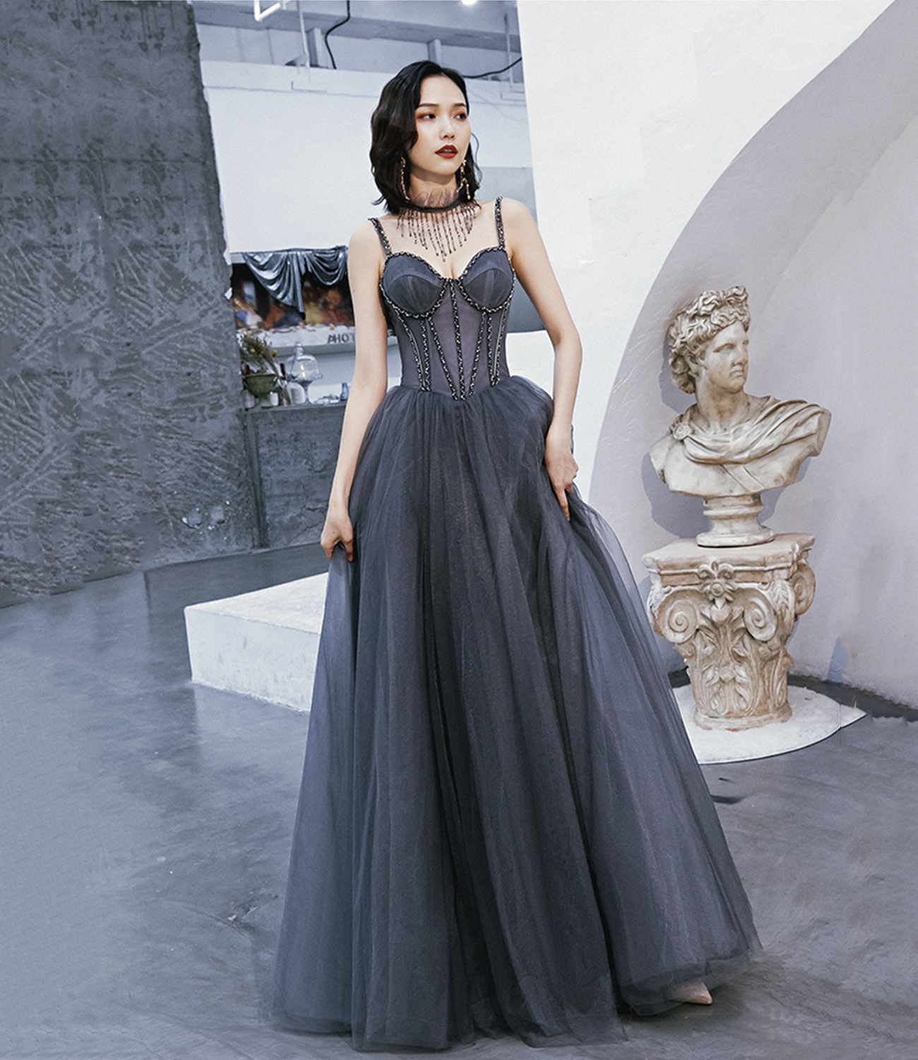 Gray tulle beads long prom dress A line evening dress