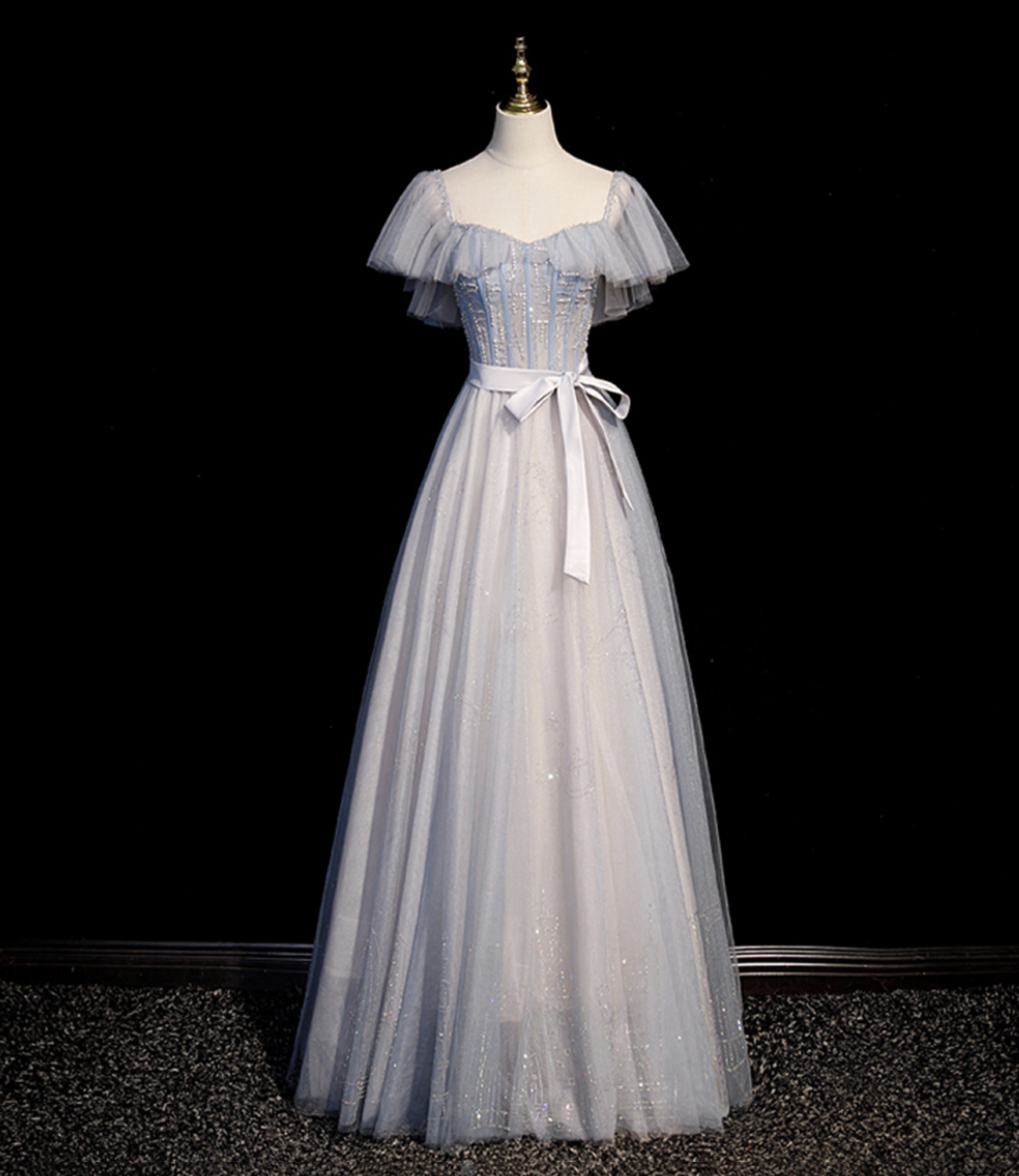 Shiny tulle beads long prom dress A line evening dress