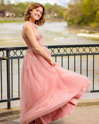 Glitter Tie Straps Pink Long Prom Dress,829