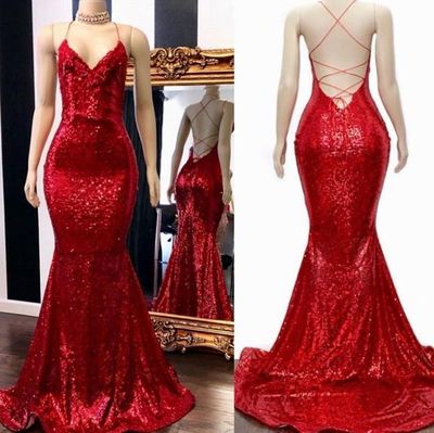 Red Sequin Prom Dress, 2022 Spaghetti straps Backless Mermaid Sleeveless Long Evening Gown,833