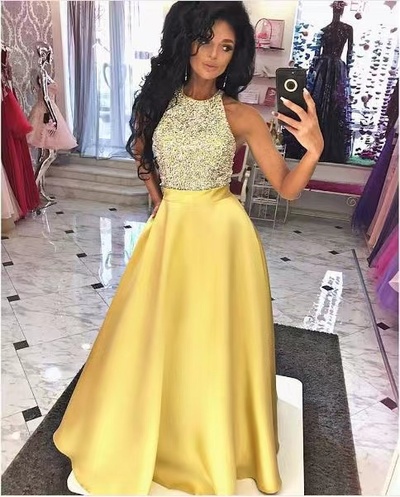 Yellow Prom Dresses Halter with Sparkly Beaded