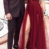 Burgundy Prom Dresses with Slit Side V Neck - Thumbnail 1