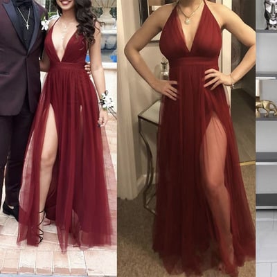Burgundy prom dresses with slit side v neck - Thumbnail 3