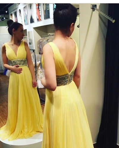 Yellow Prom Dresses Waist with Rhinestones
