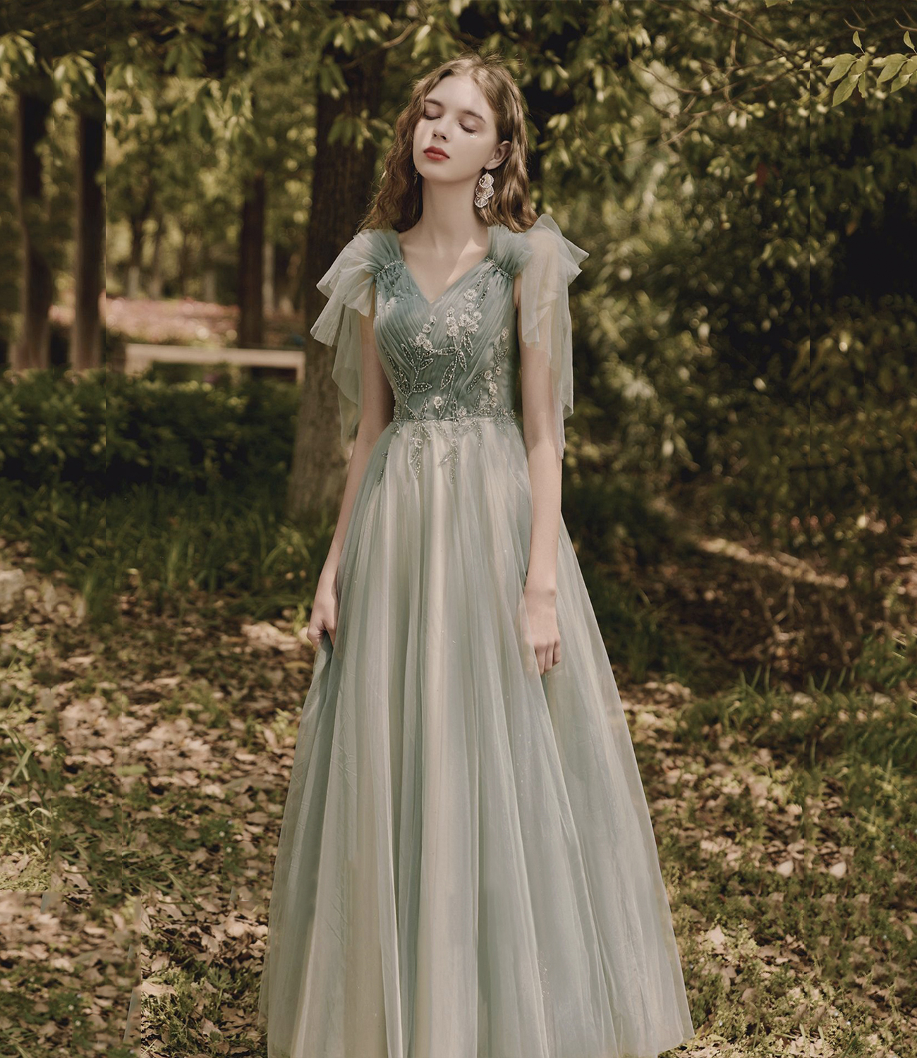 Green Tulle Beads Long Prom Dress A Line Evening Dress