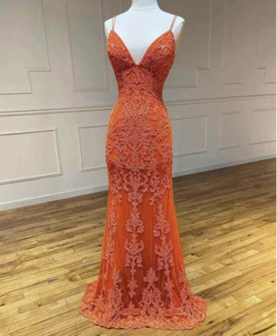 Orange Prom Dresses with Appliqué,Spaghetti Straps Prom Dresses,Mermaid Party Dresses,1362