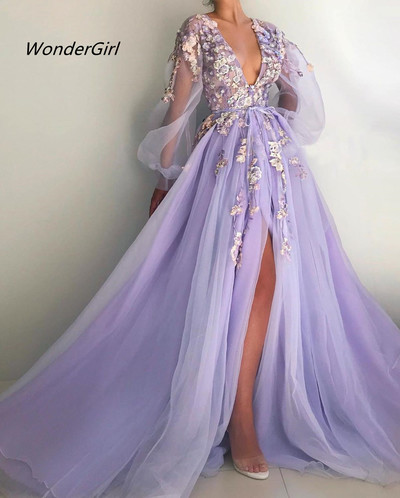 Elegant lilac prom dress,bubble sleeves applique evening dresses,v-neck 3D floral formal gown,838