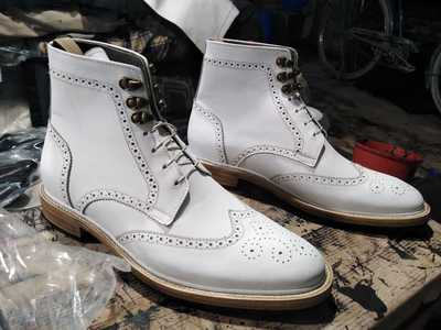 Handmade Men's White Ankle High Wingtip Brogue Lace Up Leather Boot
