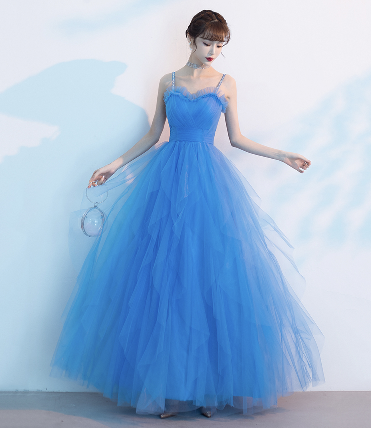 Blue tulle long prom dress A line evening dress