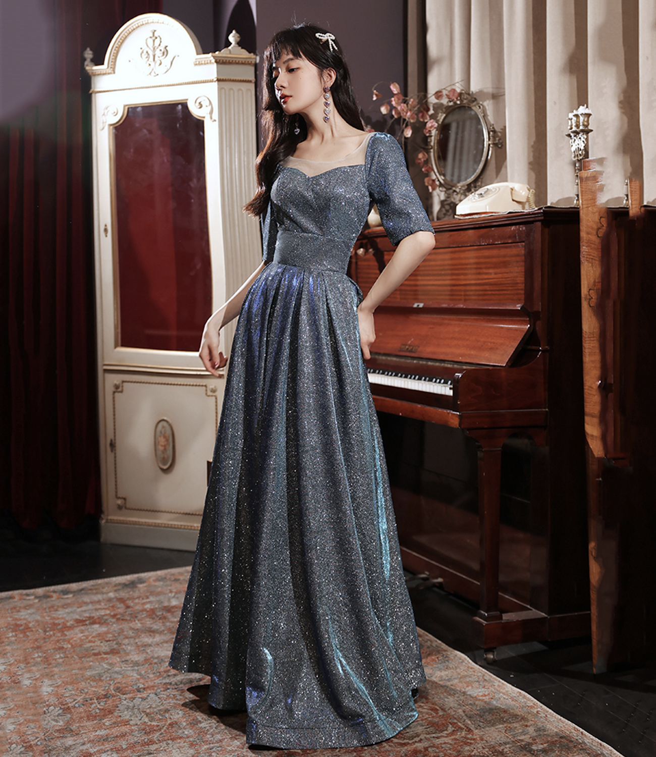 Shiny A line long prom dress gray evening dress