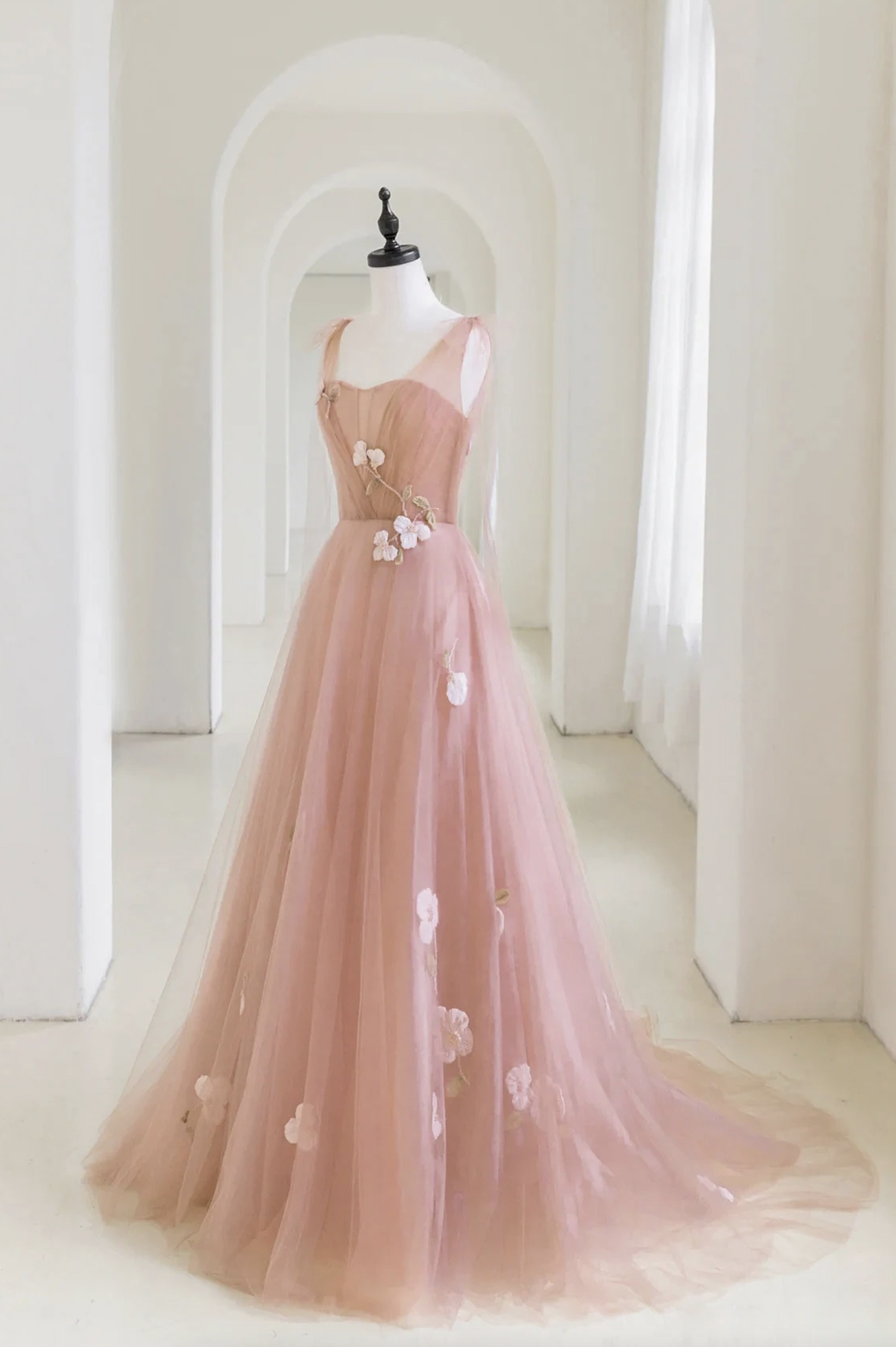 Pink tulle applique long prom dress A line evening dress